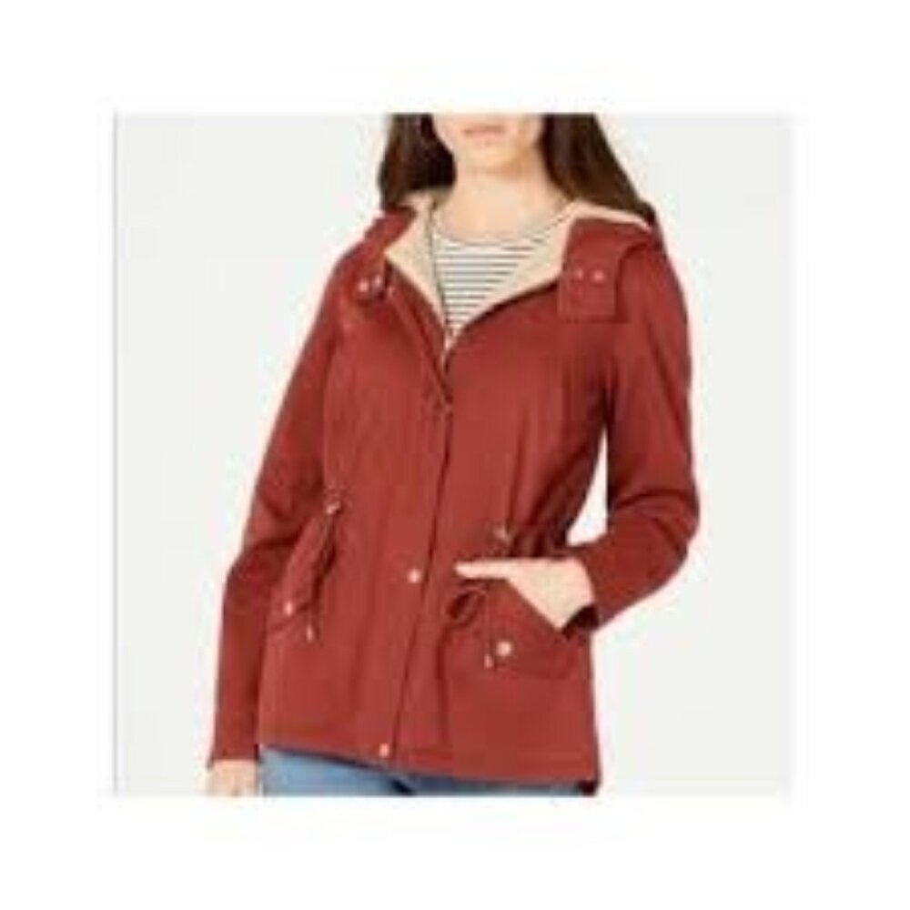 Pocketed Zippered Hooded Anorak Button Down Jacket Red Hooded Parka XXL